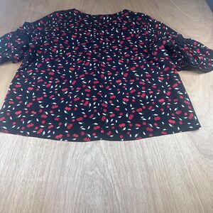 Lane Bryant Cherry Print Blouse Women’s 22/24 Black Red Short Sleeve Lace Trim